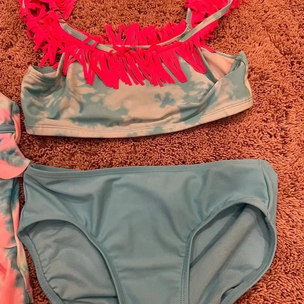 Justice girls large 12 swim set top bottom bikini tankini blue tie dye fringe